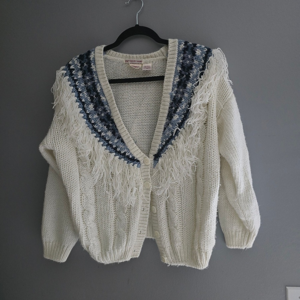 Vintage Huntington Ridge Hand Knitted Fringe Cardigan Sweater Cream Blue Medium